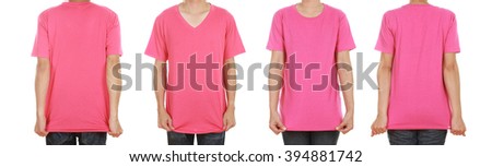 man and woman with blank black t-shirt isolated on white background