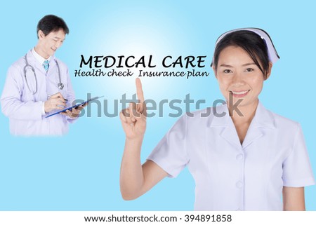 insurance concept by asian nurse and doctor with insurance text and copy space
