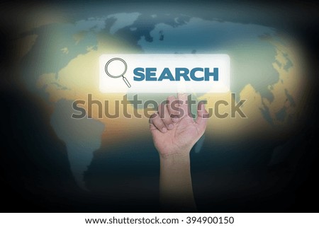 Hand pressing search on virtual screen. business concept.