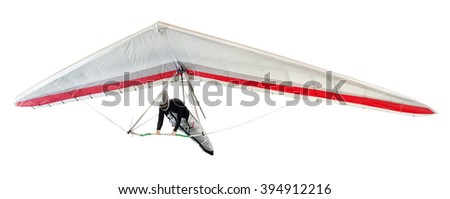Hang glider soaring the thermal updrafts suspended on a harness below the wing, isolated on white Royalty-Free Stock Photo #394912216