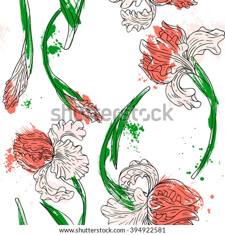 vector watercolor floral seamless pattern with irises, hand drawn natural  background