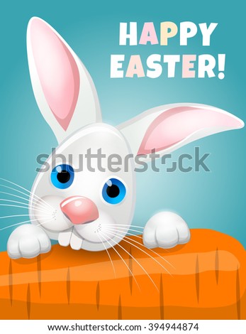 Happy Easter celebrations greeting card design with cartoon fun bunny on blue background and carrot