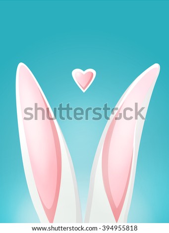 Easter bunny ears card on blue background with a heart