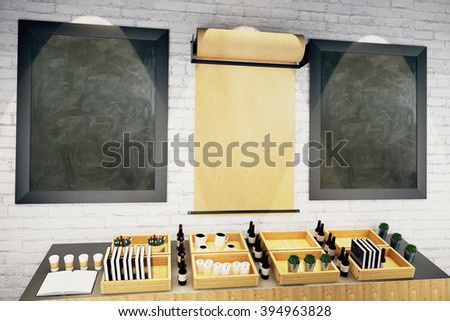 Blank parchment roll and two blackboards in frames on brick wall in cafe interior. Mock up, 3D Render