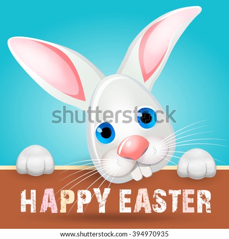 Happy Easter celebrations greeting card design with cartoon fun bunny on blue background