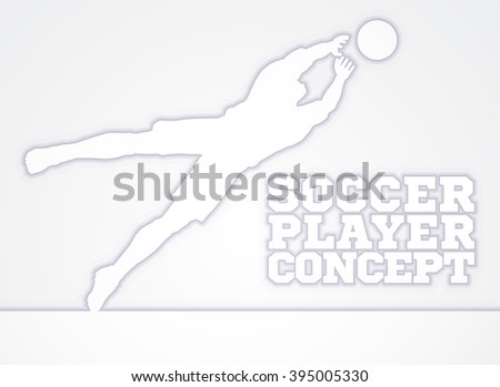 A stylised illustration of a silhouette soccer football player goal keeper in saving a goal diving catching the ball