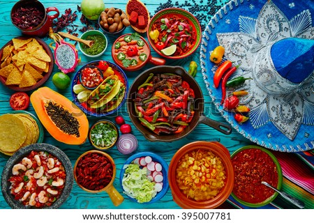 Mexican food mix colorful background Mexico and sombrero Royalty-Free Stock Photo #395007781
