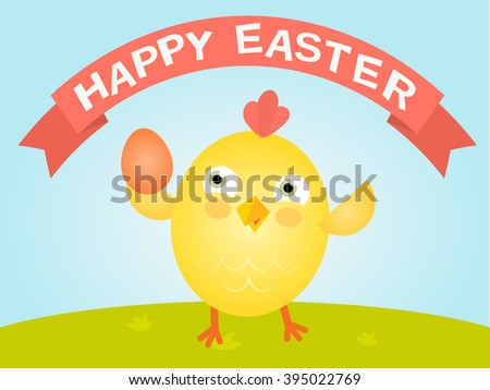 Easter greeting card with colorful egg and chiken on blue background
