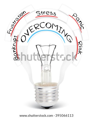 Photo of light bulb with OVERCOMING conceptual words isolated on white