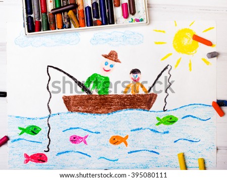 colorful drawing: fishing father and son