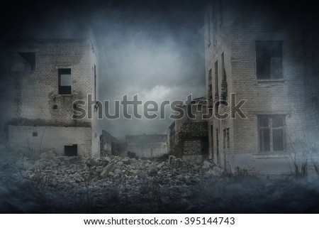 Apocalyptic ruins of the city. Disaster effect. Royalty-Free Stock Photo #395144743