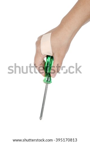 Woman hand with bandage hold screw driver isolate on white background with clipping path