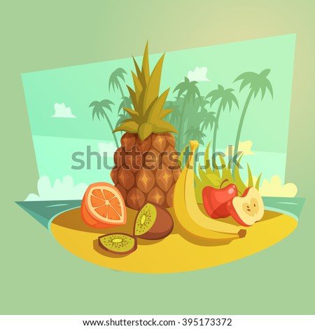 Fruit and beach cartoon concept with banana orange and apple vector illustration