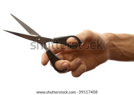 scissors in mans hand isolated on white