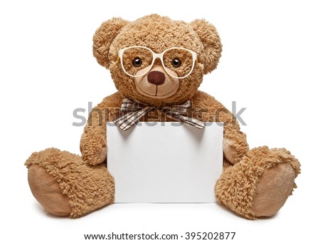 Teddy bear with glasses holding a blank banner
