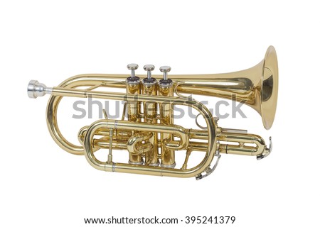 classical wind musical instrument cornet isolated on white background Royalty-Free Stock Photo #395241379