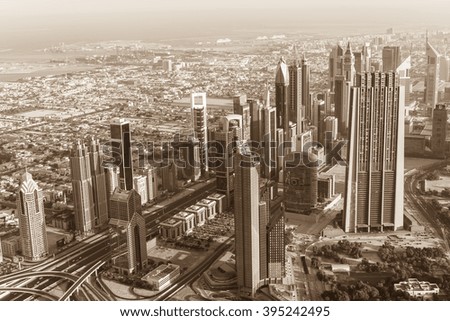 Dubai downtown morning scene. Top view from above. Sepia toned shot