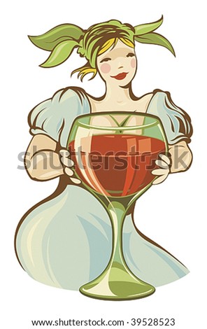 Girl with big glass of red wine. Vector illustration.