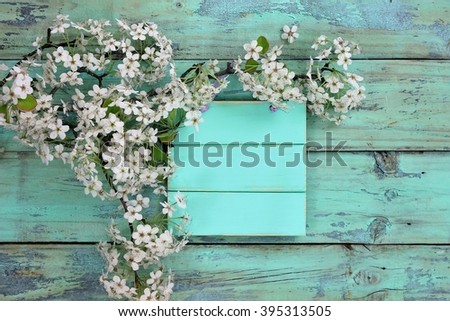 Blank wood sign hanging on antique rustic mint green wooden background by spring tree blossoms