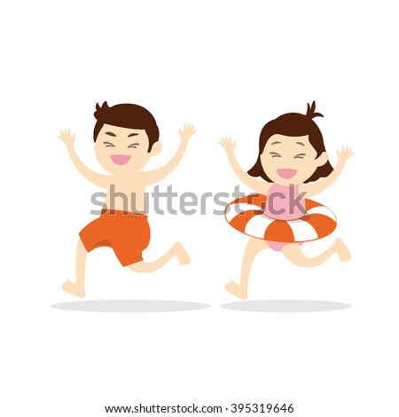  Happy cute boy and girl running to the beach. Vector illustration