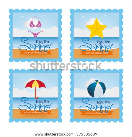 Set of stickers with text and different icons on a white background