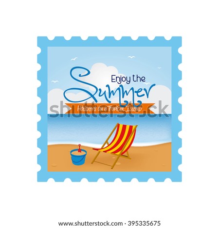 Isolated sticker with summer objects and text on a white background