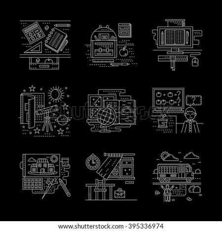 School life moments. School lessons, bus. Education theme. Detailed flat line style vector icons collection on black. Web design elements for business, site, mobile app.