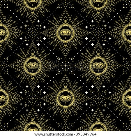 Sacred geometry seamless pattern with all seeing eye isolated on white. Mystic, alchemy, occult. Design for indie music album cover, t-shirt print, boho poster, flyer. Astrology, shamanism, religion.