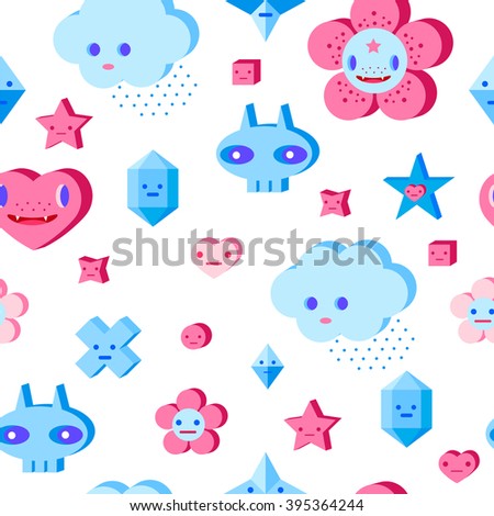 Seamless pattern with cute cartoon cloud, scull, flower, heart and small characters. Pink, light pink, blue, light blue, sky blue, vinous, white background.
