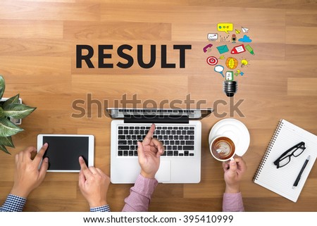 RESULT Concept ,Two Businessman working at office desk and using a digital touch screen tablet and use computer  top view