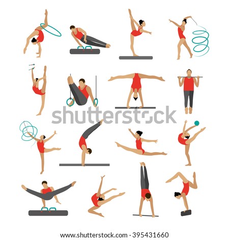 Vector set of people in sport gymnastic positions. Sportsman flat icons isolated on white background. Artistic and rhythmic gymnast exercise.