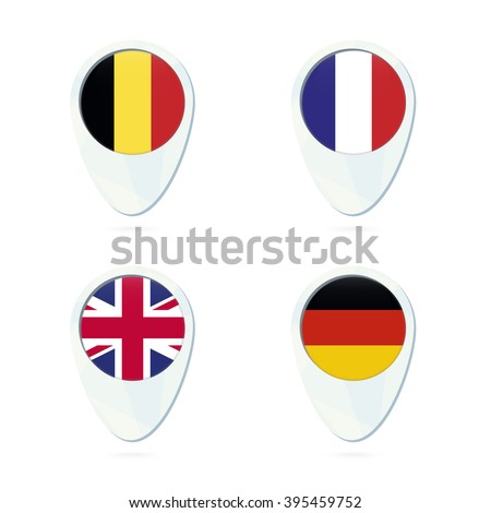 Belgium, France, United Kingdom, Germany flag location map pin icon. Belgium Flag, France Flag, UK Flag, Germany Flag. Vector Illustration.