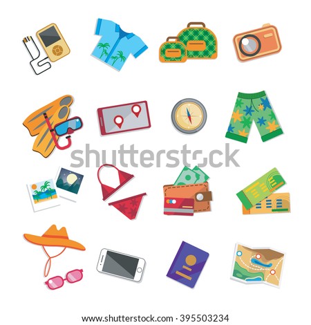 Vacation item vector illustration icons set. Items for travel isolated on white background. Colorful flat design.