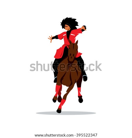 Vector North Caucasus rider Cartoon Illustration. Man in black fur hat and a red dress on a horse waving his arms. Branding Identity Corporate Logo isolated on a white background