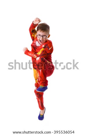 funny boy in the image of Iron Man on a white background