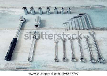  Set of a lot of different tools top view flat lay