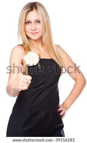 Attractive young blond woman with thumb up with a laughing expression. Isolated on white background