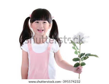 happy kid holding a flower on a white background