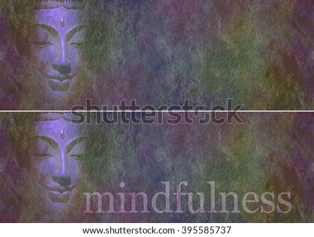 Buddha in the shadows website banners - two identical multicolored dark rough stone effect wide backgrounds with a partial Buddha head on left and copy space on right, one with the word mindfulness 