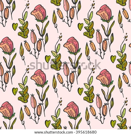 Cute vector seamless pattern with branches  and flowers in pastel colors.Floral texture in vector