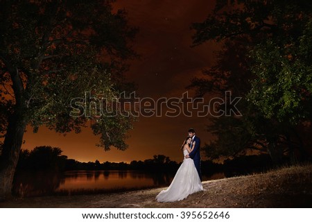 Romantic wedding. bride and groom embracing by the lake under the stars. Night Scenery and newly-married couple. (Night Scene)