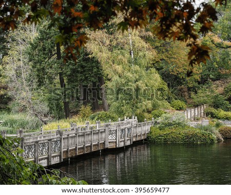 wooden bridge over pond in nature park