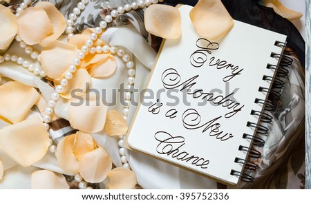 Every Monday is a New Chance inspirational quotes lettering for postcards, business ideas, announcements, write a note with beautiful handwriting of a female hand notebook. wooden background
