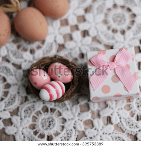 Easter present. Easter chalkboard. Easter eggs. easter nest. Easter nest on the lace. easter lace. 