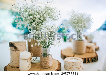 Hand Made  Wedding Decoration, flowers, wood Royalty-Free Stock Photo #395753518