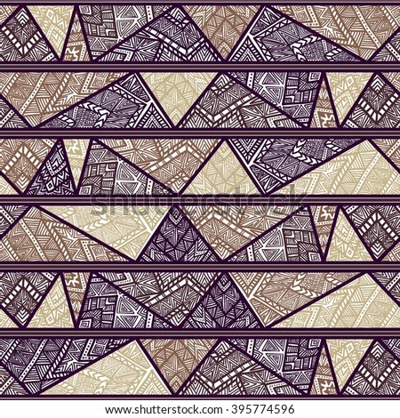 Seamless geometric pattern. Striped pattern with tribal motifs. Zentangl. Vector illustration.