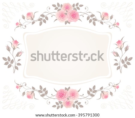 Vintage Floral Frame with pink roses isolated on a white background. Shabby chic style vector design for greeting or invitation card. Beautiful floral vignettes. Royalty-Free Stock Photo #395791300