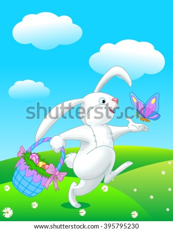 Pretty Easter bunny runs with butterfly 