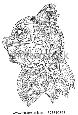 Coloring book page for adults. Head of cat with ornament and flowers in side view. Ethnic anti stress pattern of totem animal in zentangle style