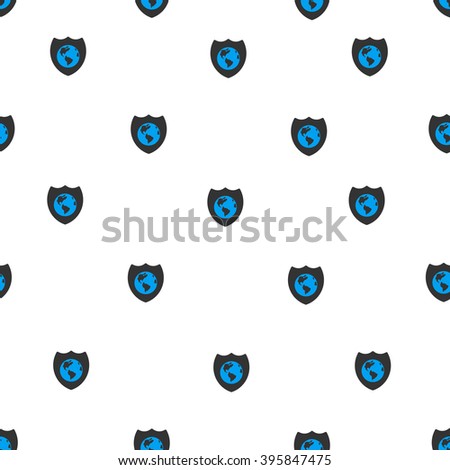 Earth Shield vector seamless repeatable pattern. Style is flat blue and dark gray earth shield symbols on a white background.